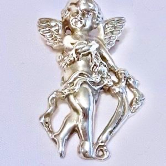 💲SALE💲  LARGE VINTAGE .925 STERLING SILVER CHERUB PIN/BROOCH 2in - Picture 1 of 5